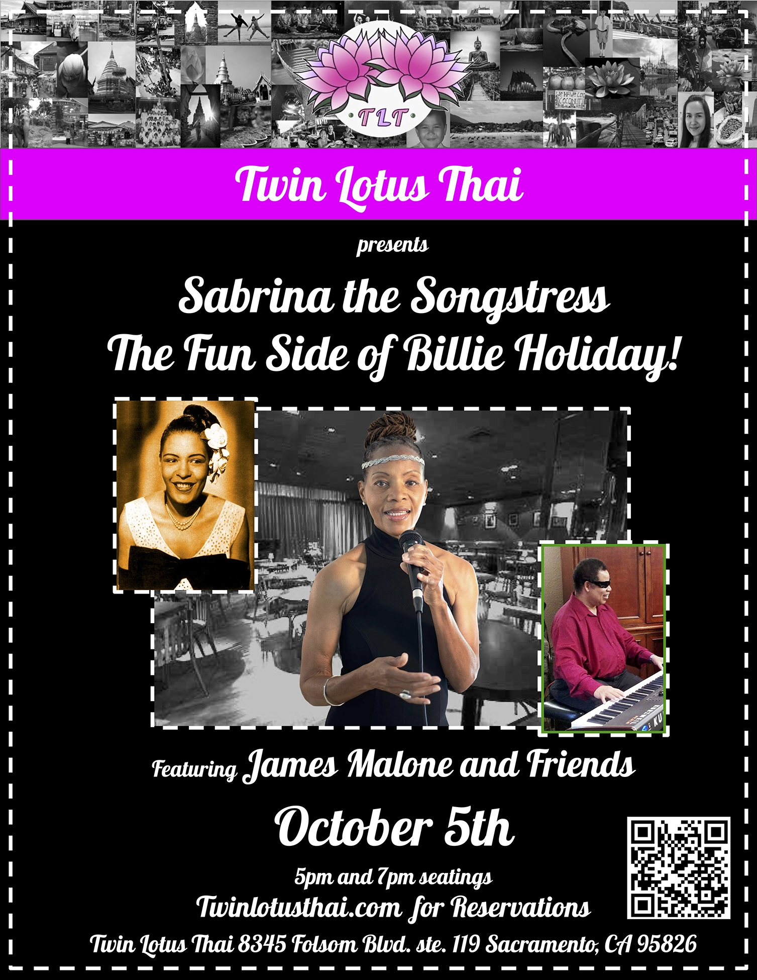 Flyer announcing Sabrina the Songstress perform tribute to Billie Holiday on 10/5/2024