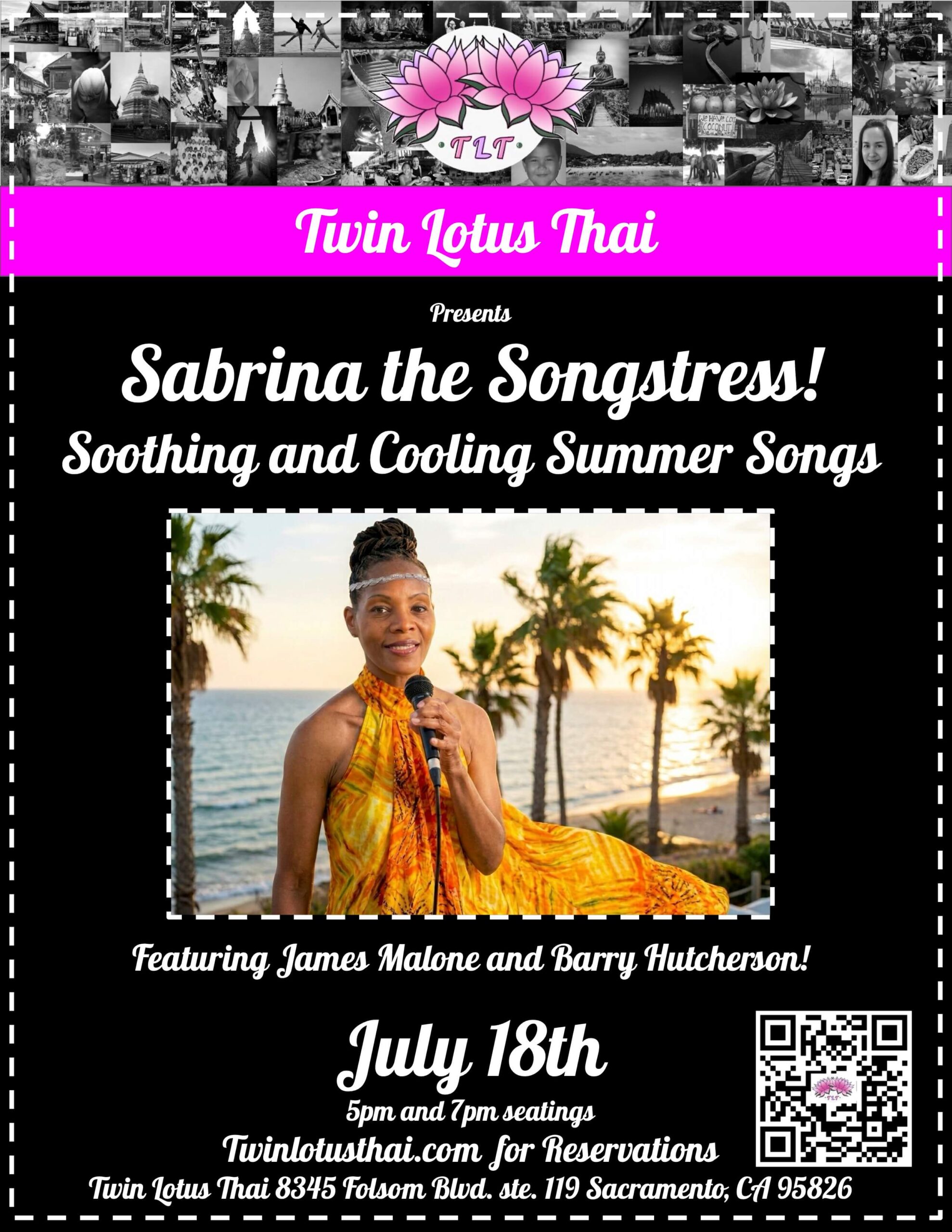 flyer for Sabrina's 7/18/2026 performance at Twin Lotis Thai
