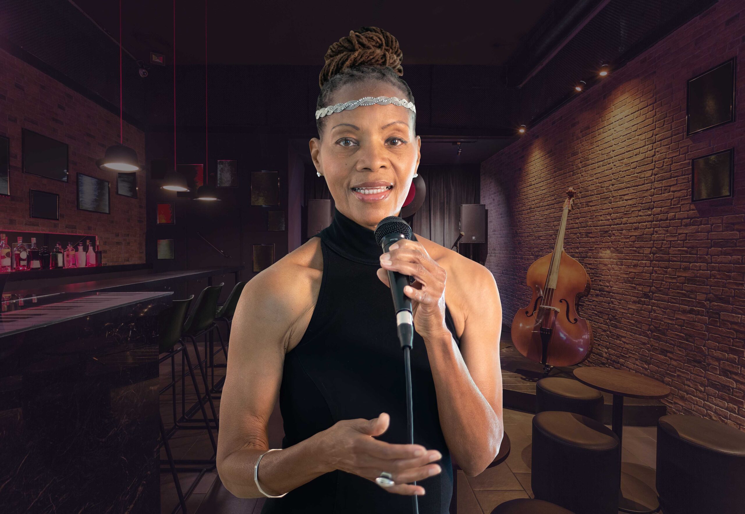 generic (placeholder) flyer showing Sabrina singing, superimposed in front of a jazz club scene